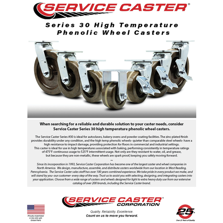Service Caster 8 Inch High Temp Phenolic Caster Set with Roller Bearings 2 Brakes 2 Rigid SCC SCC-30CS820-PHRHT-TLB-2-R820-2
